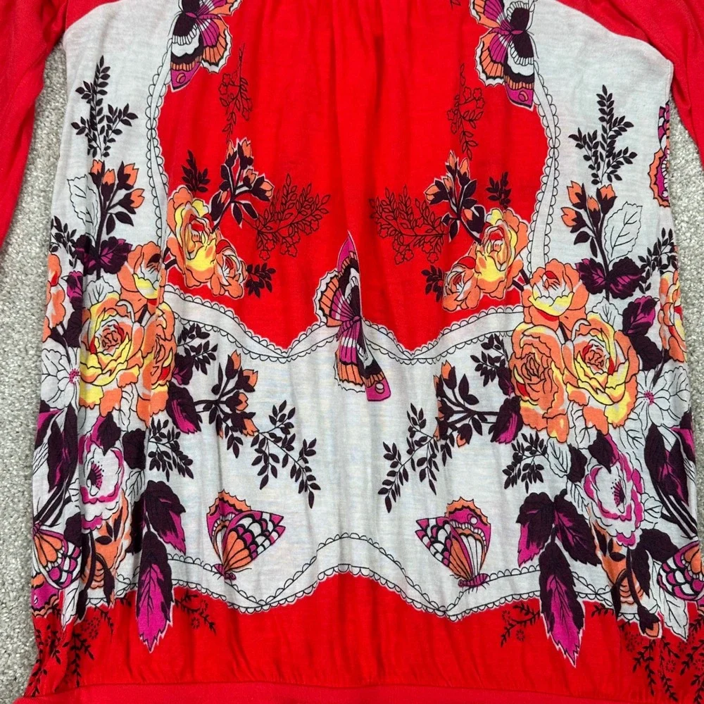 Free People Tunic Top Red Floral Butterfly 3/4 Sleeve‎ Bohemian Chic